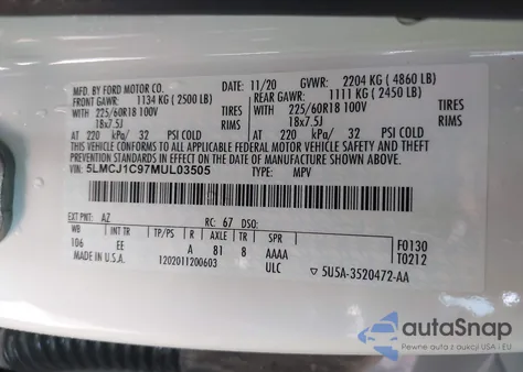 2021 Lincoln Corsair Standard z USA, uszkodzony, nr VIN 5LMCJ1C97MUL03505